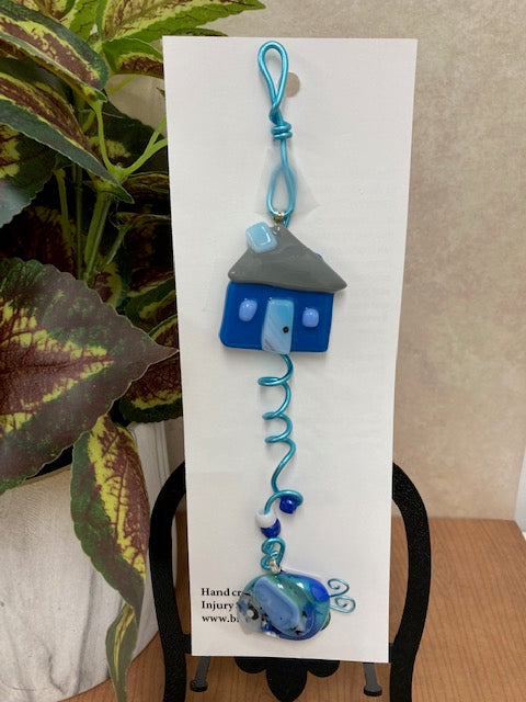 Suncatcher- Blue and Grey House with Blue Bird