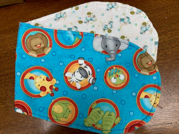 Fabric - Burp Cloth, Reversible, Blue and Orange with Animals and Blue Bunnies
