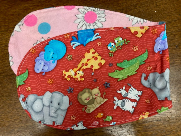 Fabric - Burp Cloth, Reversible, Red with Animals and White Flowers with Pink and Blue Dots