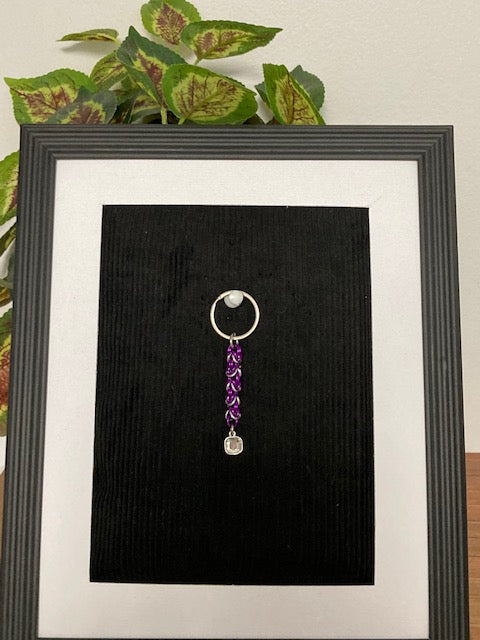 Keychain -Chainmaille, Purple/Silver with Clear Jewel