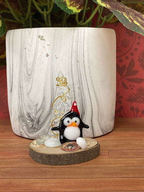Stand up Fused Glass- Clear Tree with Gold Wire and Penguin on Wooden Stand
