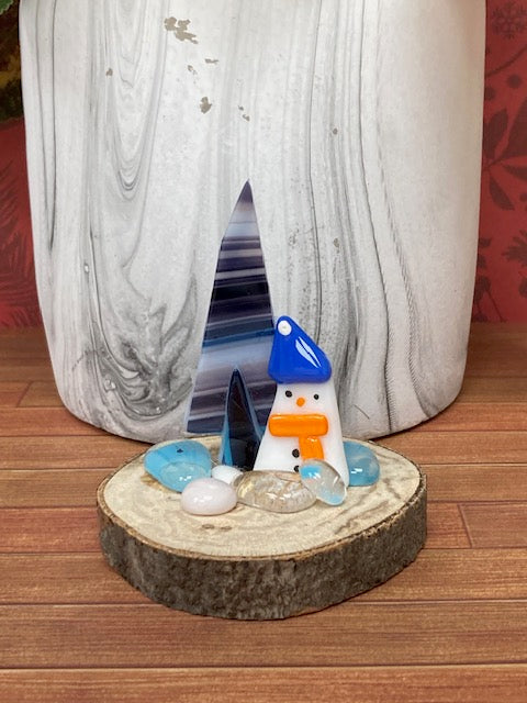 Stand up Fused Glass- Blue and Purple Striped Tree and Snowman with Orange Scarf and Blue Hat on Wooden Stand