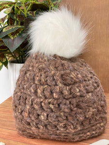 Crocheted - Brown Felted PomPom Hat, Adult