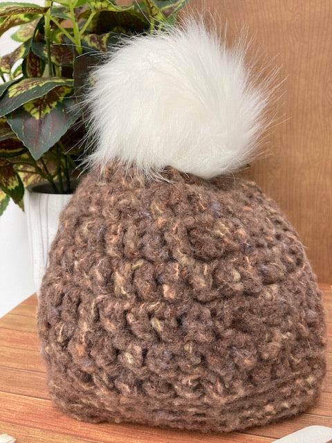 Crocheted - Brown Felted PomPom Hat, Adult