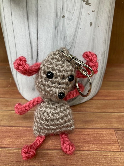 Crocheted - Dog Keychain, tan and pink