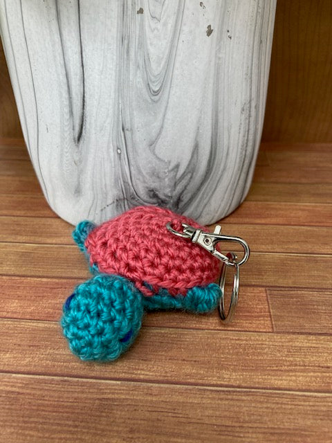 Crocheted - Turtle Keychain, teal and pink