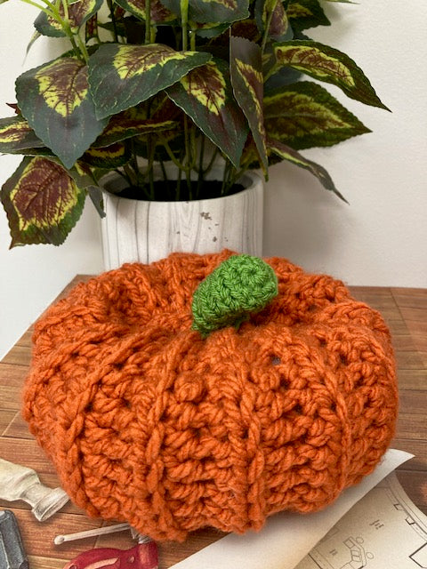 Crocheted - Pumpkin, Large orange with green stem
