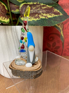 Stand up Fused Glass- Tall Clear Multicoloured Frit Tree and Gnome with Blue Hat