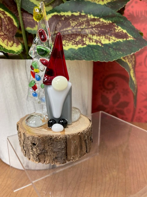 Stand up Fused Glass- Clear Multicoloured Frit Tree and Gnome with Red Hat