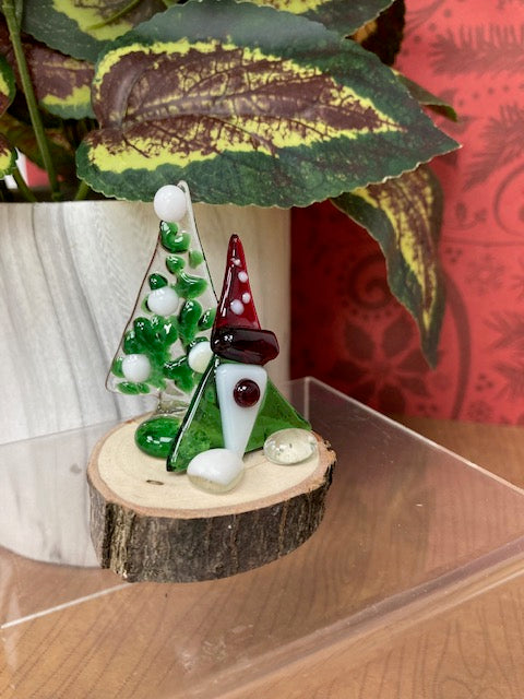 Stand up Fused Glass- Clear Green and White Tree and Green Gnome with Red/White Hat