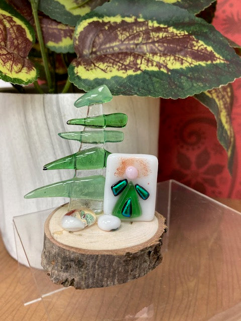Stand up Fused Glass- Green Funky Tree with Angel