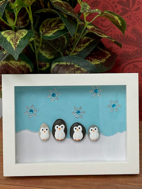 Shadow Box Framed Pebble Art - Penguin family
