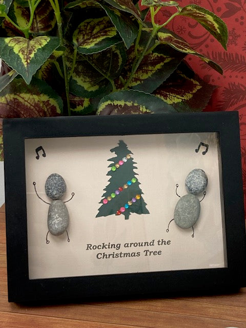 Shadow Box Framed Pebble Art - Rocking around the Christmas Tree