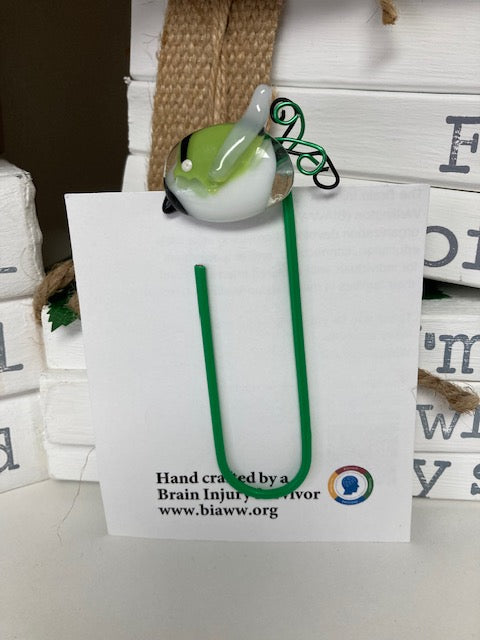 Large Paperclip Bookmark - Green/White/Black Bird with green clip