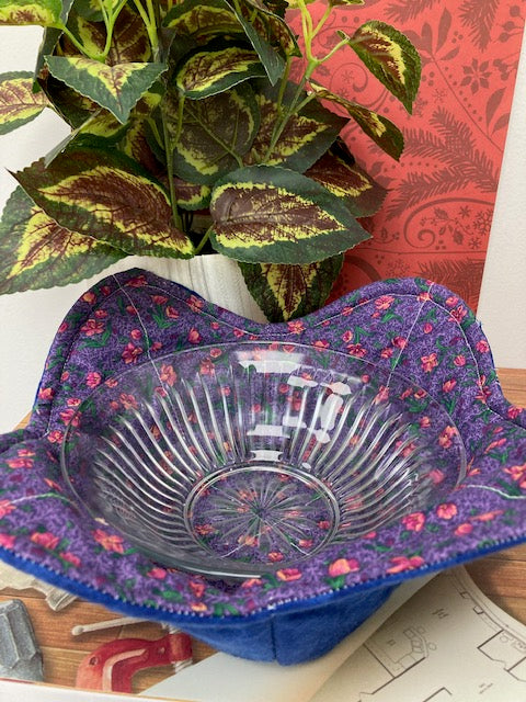 Fabric - Bowl Cozy, Reversible, Blue/Purple with Pink Flowers
