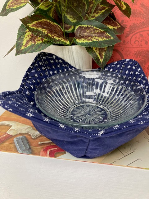 Fabric - Bowl Cozy, Reversible, Blue/Blue with white Flowers