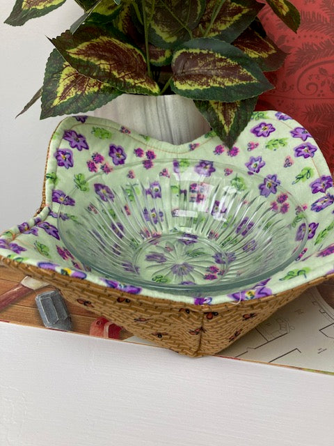 Fabric - Bowl Cozy, Reversible, Brown/Small Brown flowers with green/Purple Flowers