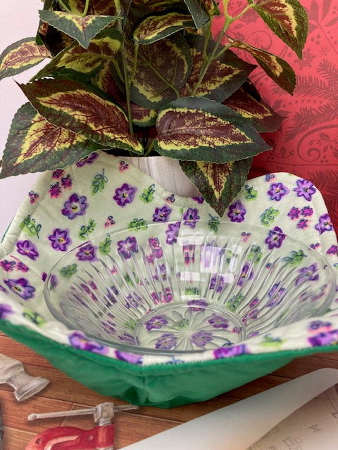 Fabric - Bowl Cozy, Reversible, Green/Purple and Green Flowers