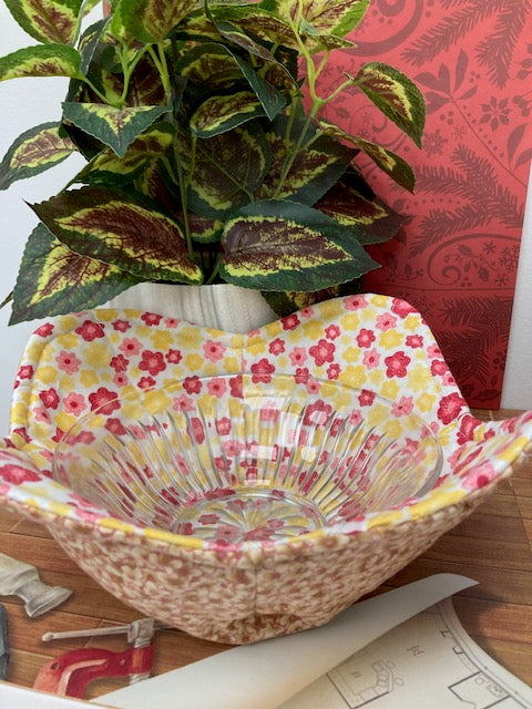 Fabric - Bowl Cozy, Reversible, Brown Flowers with Yellow and Pink Flowers