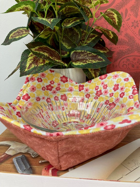 Fabric - Bowl Cozy, Reversible, Orange/Pink Paisley with Pink and Yellow Flowers