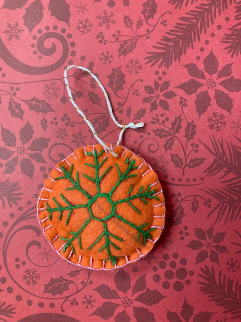 Fabric - Felt Christmas Ornament, Snowflake Orange/Green