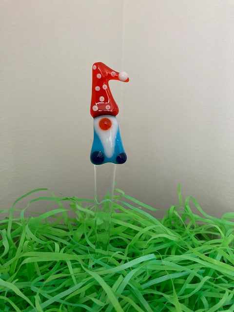 Plant Pick - Gnome, Aqua with Orange Polka dot Hat