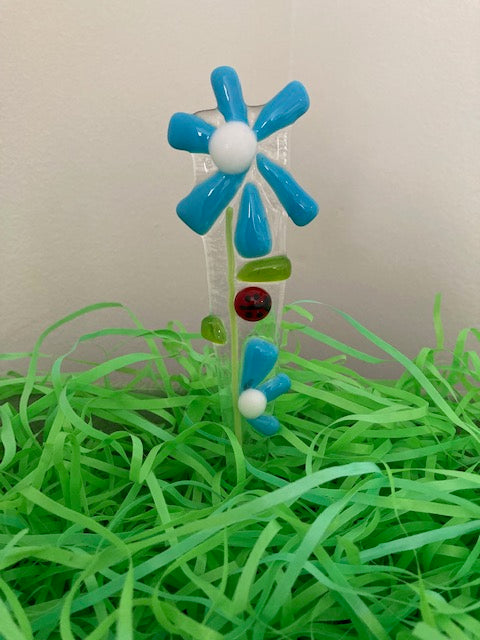 Plant Pick - Flower, Turquoise with Lady Bug