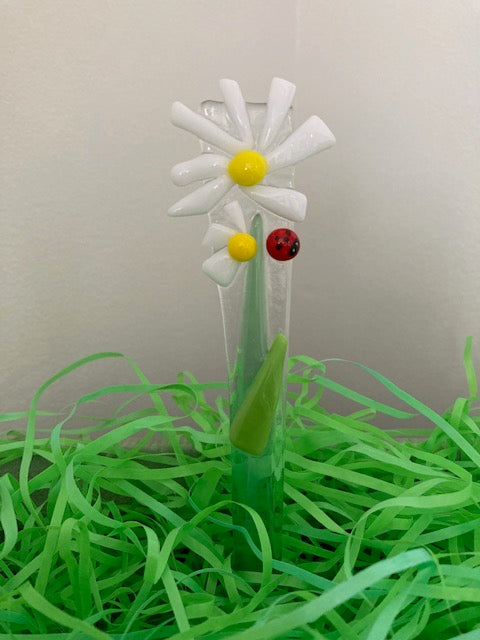 Plant Pick - Flower, White with Lady Bug