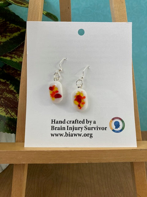 Earrings- Orange, Red Yellow on White Glass