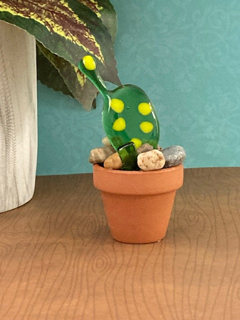 Stand up Fused Glass- Cactus, Green with Yellow Dots in Clay Flower Pot