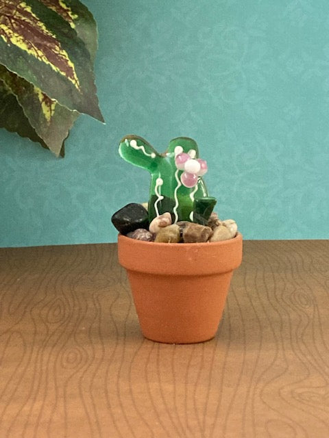 Stand up Fused Glass- Cactus, Green with Pink Flower in Clay Flower Pot