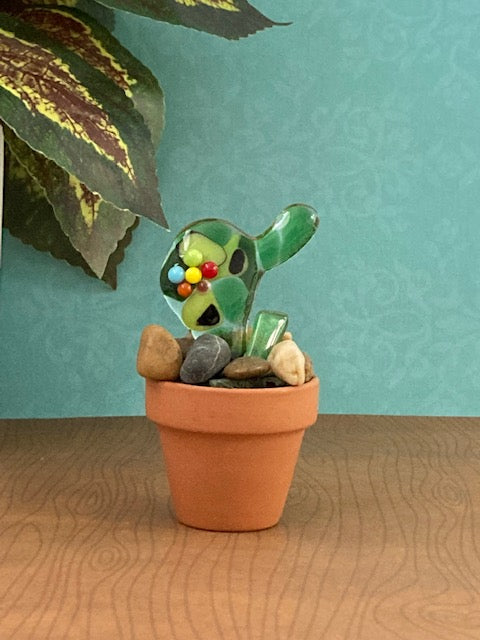Stand up Fused Glass- Cactus, Green with Multicoloured Flower in Clay Flower Pot