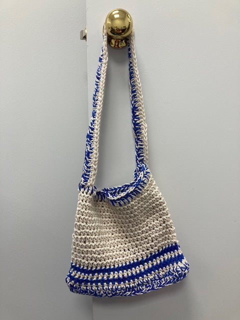 Crocheted - Bag, Beige with Blue Stripes