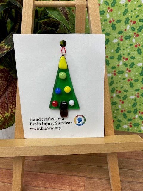 Ornament -Green Tree with Multicoloured Baubles, yellow star and brown trunk