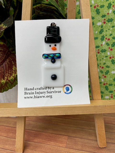 Ornament - Snowman with Black Buttons and Blue Dichroic Scarf