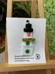 Ornament - Snowman with Green Buttons and Dichroic Scarf