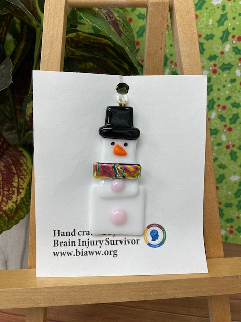 Ornament - Snowman with Pink Buttons and Dichroic Scarf