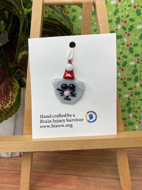 Ornament - Cat with Santa Hat, Light Gray