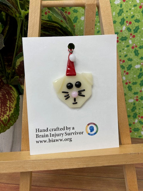 Ornament - Cat with Santa Hat, Cream