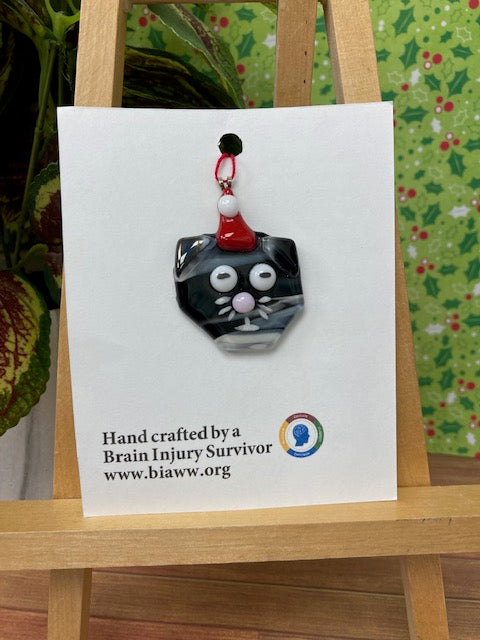 Ornament - Cat with Santa Hat, Black and White Striped