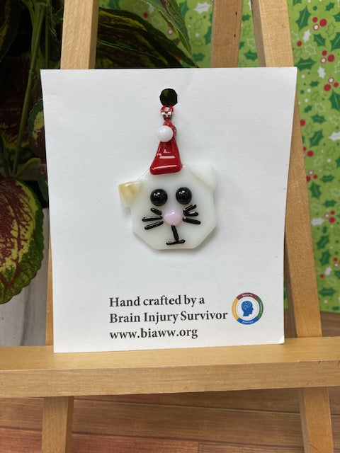 Ornament - Cat with Santa Hat, Cream and Beige