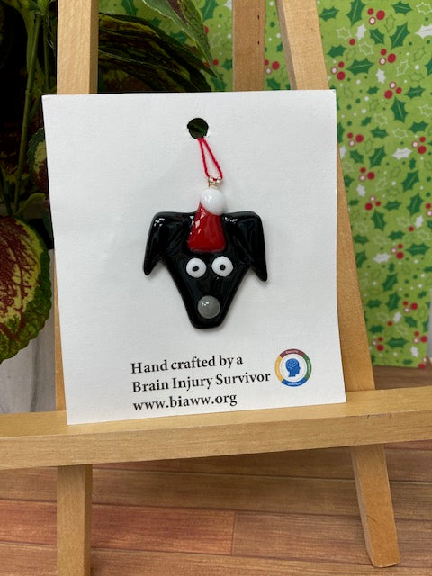 Ornament - Dog with Santa Hat, Black with Gray Nose