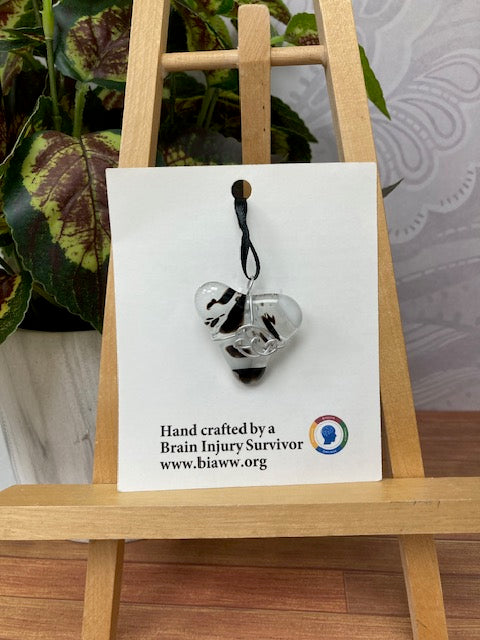 Pendant - Heart, Black, White, Clear with Silver Wire