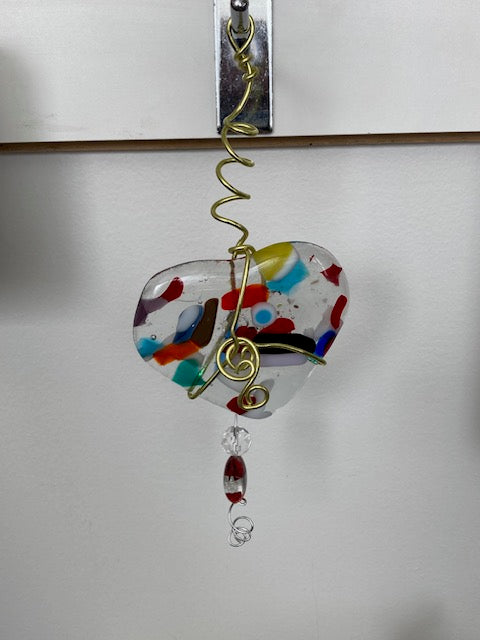 Suncatcher-  Clear, Multicoloured Heart with Gold Wire