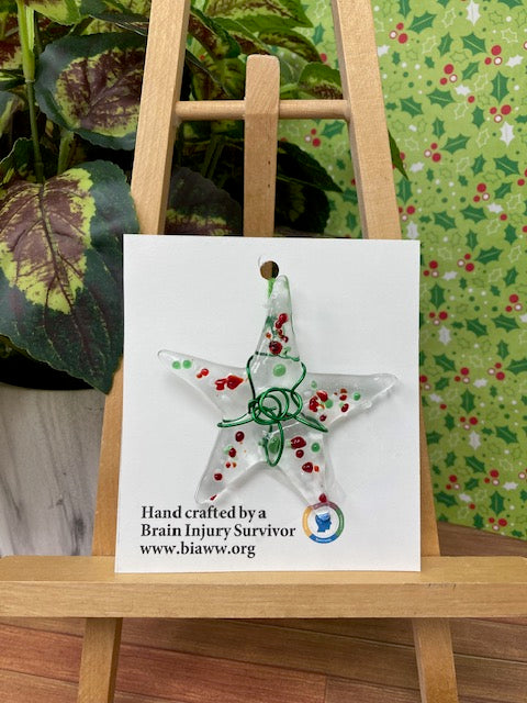 Ornament - Clear Star with Red, Green and White chunky frit and Green Wire