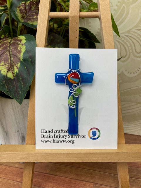 Ornament - Cross, Blue with Silver Wire