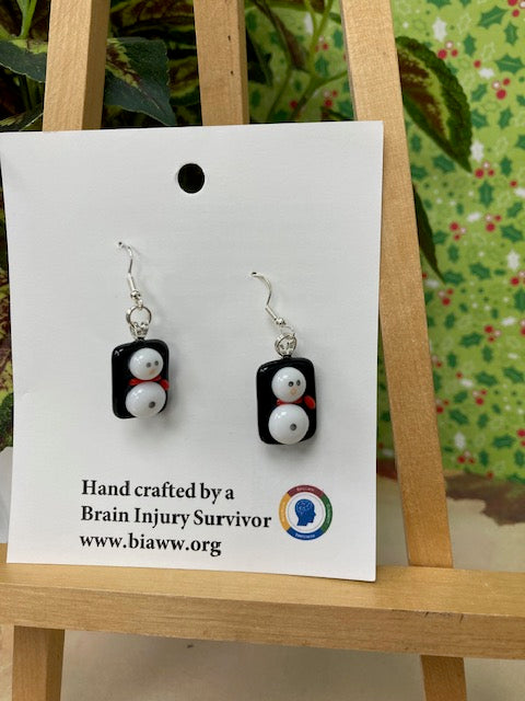 Earrings - Snowman on Black Glass with red scarf