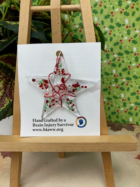 Ornament - Crushed Red/Green Star with Red Wire