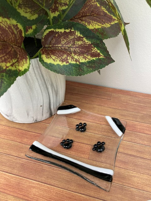 Glass Trinket/Soap Dish - Clear with Black Pawprints