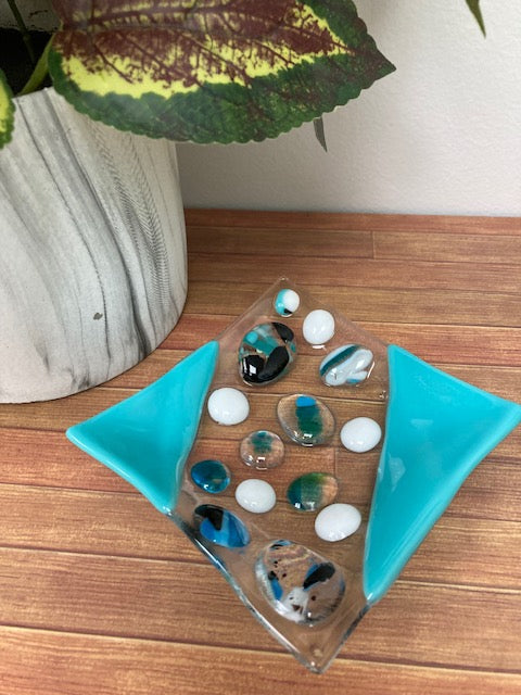 Glass Trinket/Soap Dish - Clear and Aqua with White and coloured Bobbles